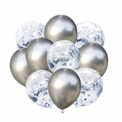 Zestaw balonów srebrny  chrom z konfetti 10 szt.